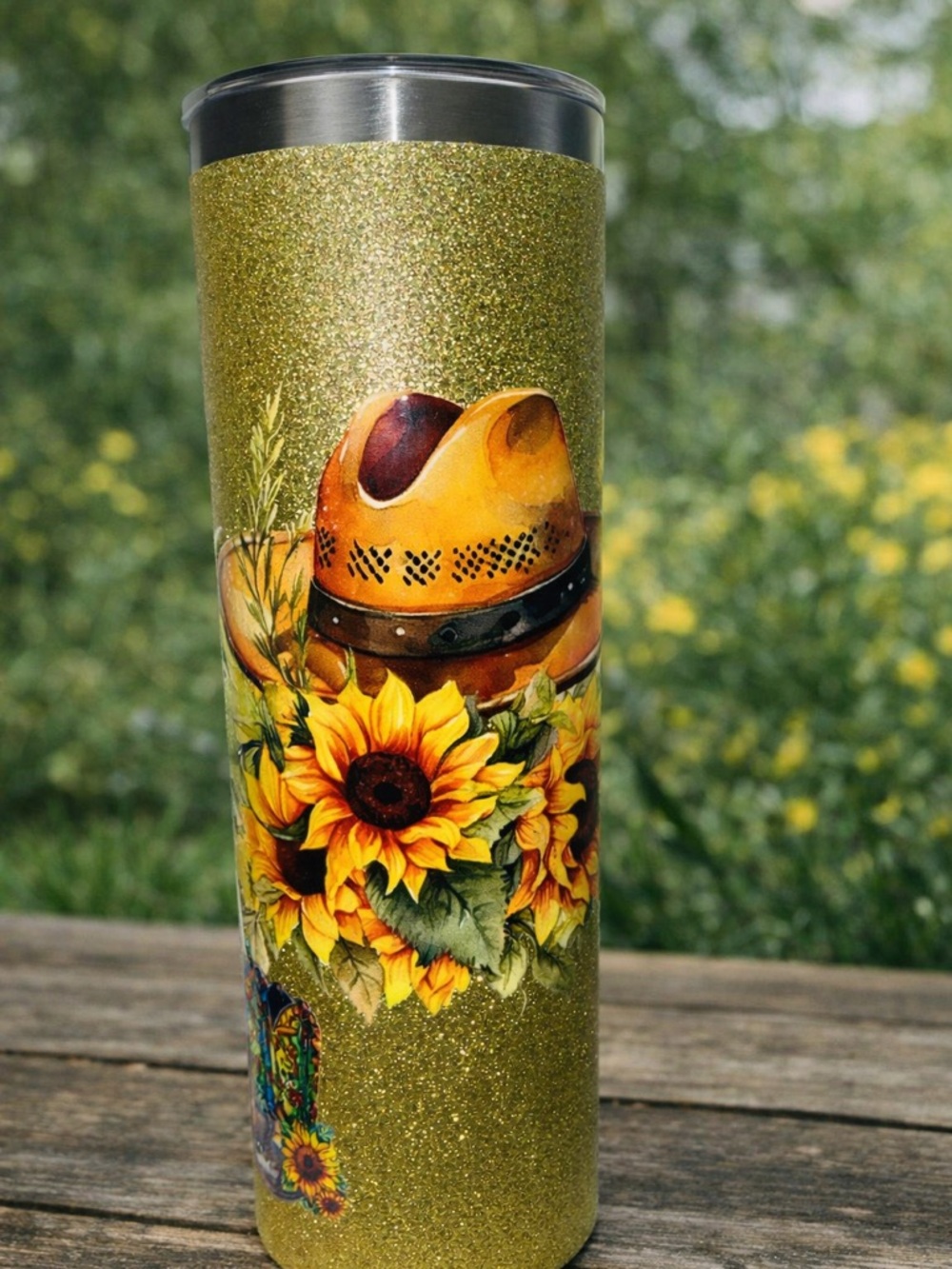 Sunflower Western Glitter Tumbler Cowboy Boots & Butterflies.Stainless Steel Cup
